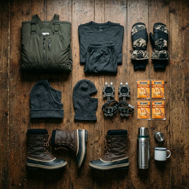 Ice fishing clothing layers arranged with wool socks, gloves, hat, and insulated outerwear
